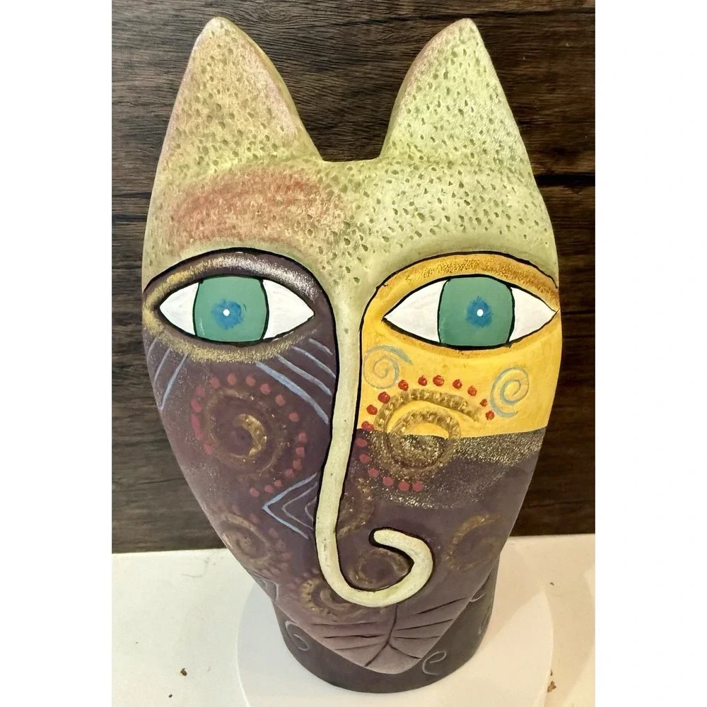 Penco Industries Colorful Ceramic‎ Art Pottery Cat Tribal Vase
